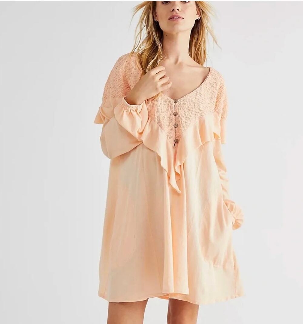 Free People Womens M Aurora Mini Dress Peach Cotton Cozy Pocket Boho Festival